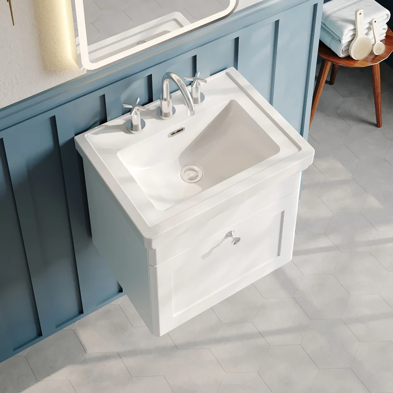 Classique 500mm Wall Hung Vanity Unit With 1 Drawer With Fireclay Basin - Satin White