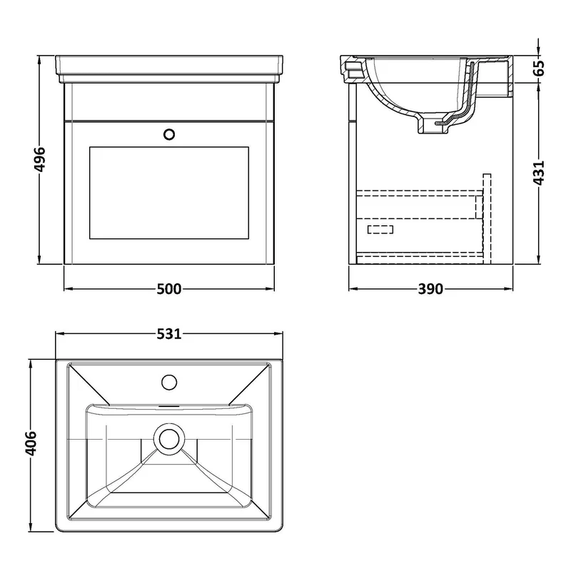 Classique 500mm Wall Hung Vanity Unit With 1 Drawer With Fireclay Basin - Satin White