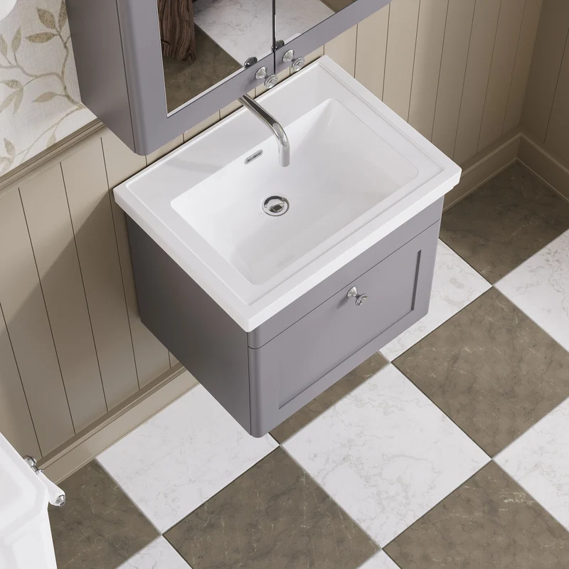 Classique 500mm Wall Hung Vanity Unit With 1 Drawer With Fireclay Basin - Satin Grey