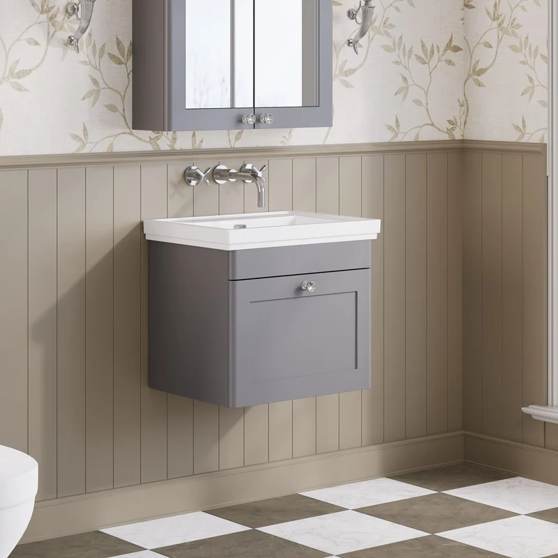 Classique 500mm Wall Hung Vanity Unit With 1 Drawer With Fireclay Basin - Satin Grey