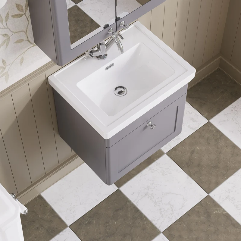 Classique 500mm Wall Hung Vanity Unit With 1 Drawer With Fireclay Basin - Satin Grey