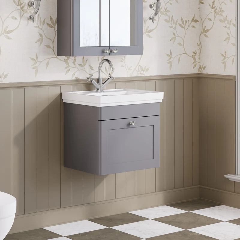 Classique 500mm Wall Hung Vanity Unit With 1 Drawer With Fireclay Basin - Satin Grey