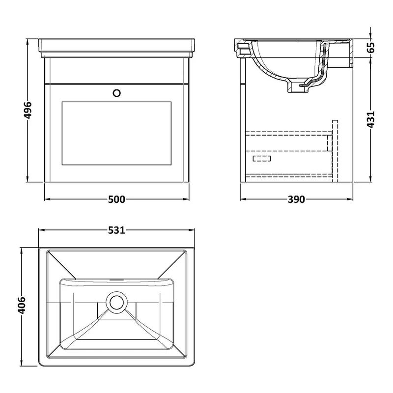 Classique 500mm Wall Hung Vanity Unit With 1 Drawer With Fireclay Basin - Satin Grey