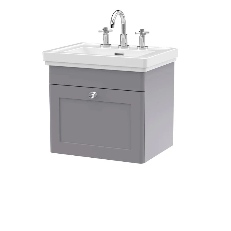 Classique 500mm Wall Hung Vanity Unit With 1 Drawer With Fireclay Basin - Satin Grey