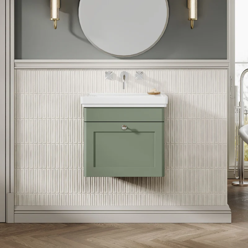 Classique 500mm Wall Hung Vanity Unit With 1 Drawer With Fireclay Basin - Satin Green