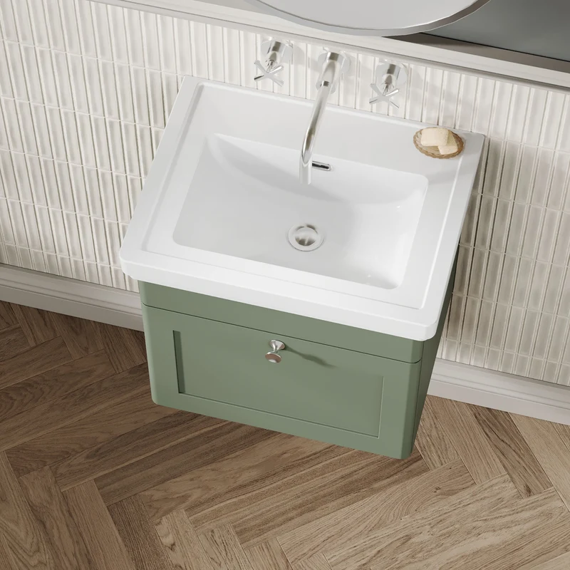 Classique 500mm Wall Hung Vanity Unit With 1 Drawer With Fireclay Basin - Satin Green