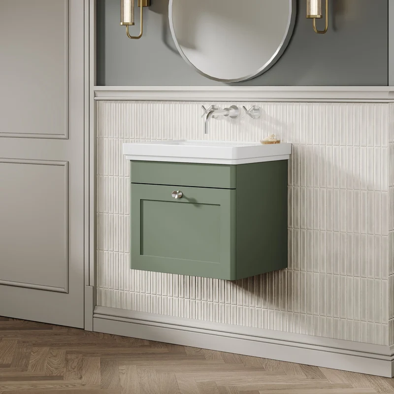 Classique 500mm Wall Hung Vanity Unit With 1 Drawer With Fireclay Basin - Satin Green