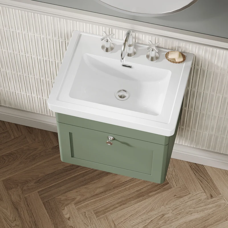 Classique 500mm Wall Hung Vanity Unit With 1 Drawer With Fireclay Basin - Satin Green