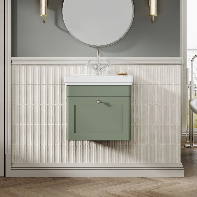 Classique 500mm Wall Hung Vanity Unit With 1 Drawer With Fireclay Basin - Satin Green