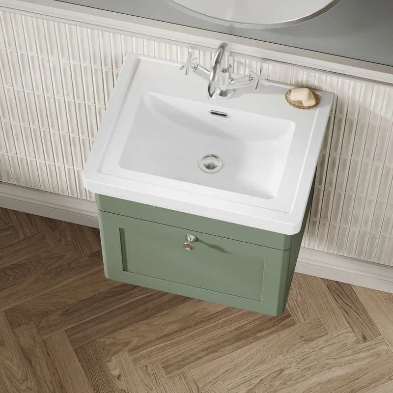 Classique 500mm Wall Hung Vanity Unit With 1 Drawer With Fireclay Basin - Satin Green