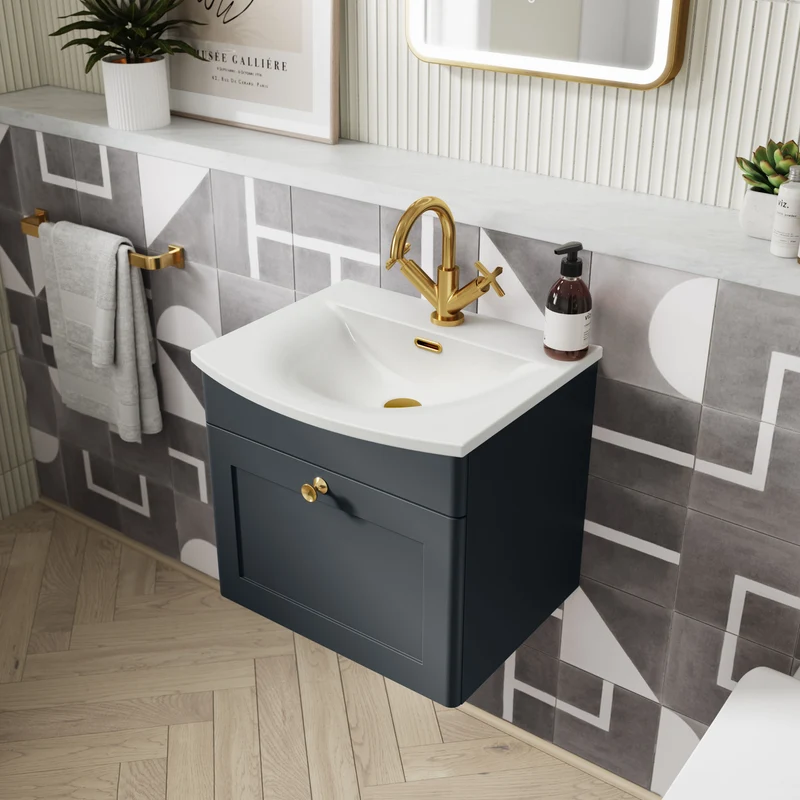 Classique 500mm Wall Hung Vanity Unit With 1 Drawer With Curved Ceramic Basin - Satin Soft Black
