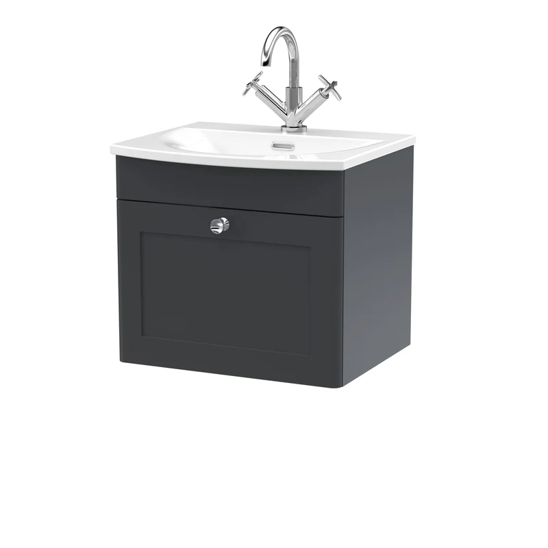 Classique 500mm Wall Hung Vanity Unit With 1 Drawer With Curved Ceramic Basin - Satin Soft Black