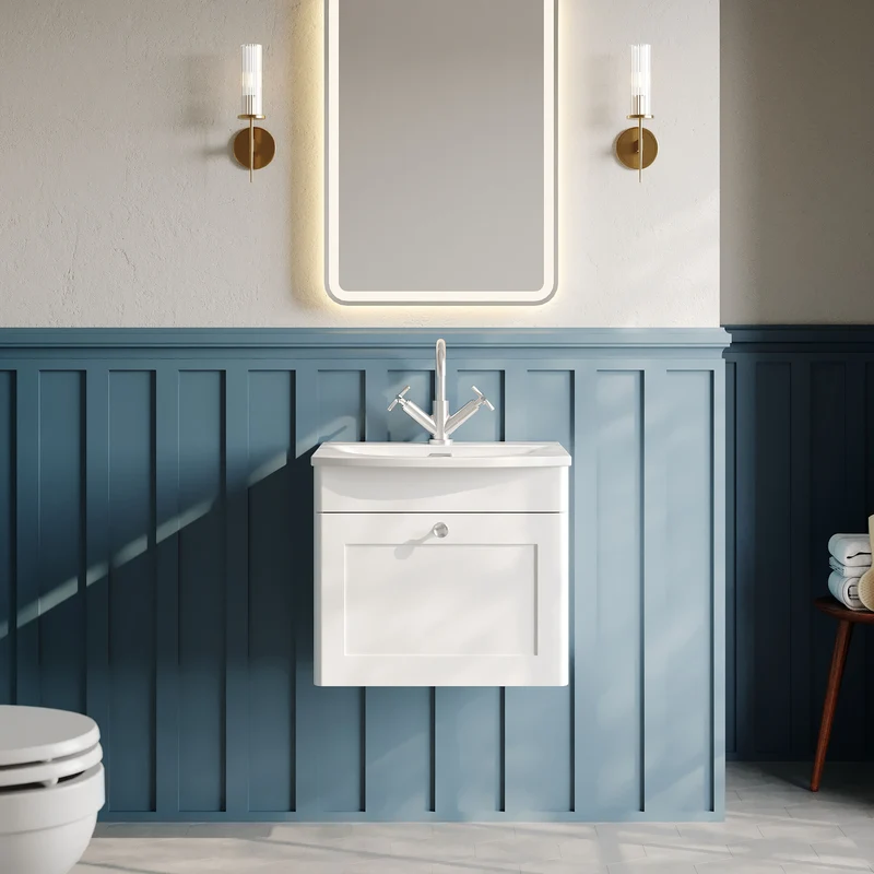 Classique 500mm Wall Hung Vanity Unit With 1 Drawer With Curved Ceramic Basin - Satin White