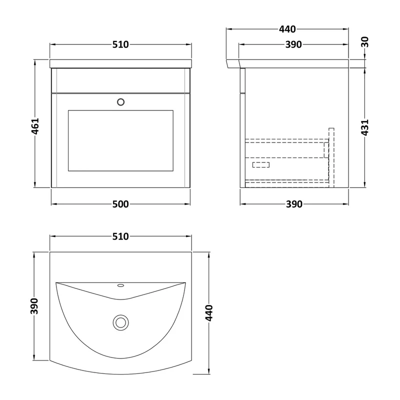 Classique 500mm Wall Hung Vanity Unit With 1 Drawer With Curved Ceramic Basin - Satin White