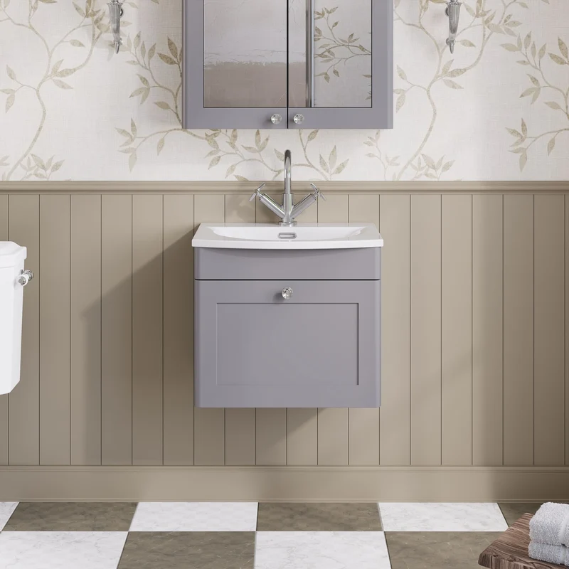 Classique 500mm Wall Hung Vanity Unit With 1 Drawer With Curved Ceramic Basin - Satin Grey