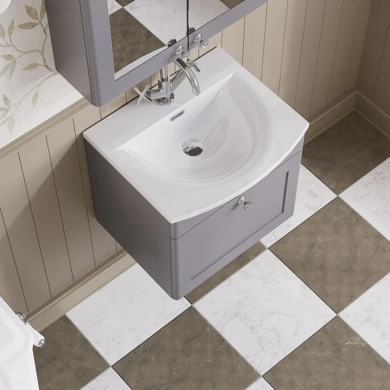 Classique 500mm Wall Hung Vanity Unit With 1 Drawer With Curved Ceramic Basin - Satin Grey
