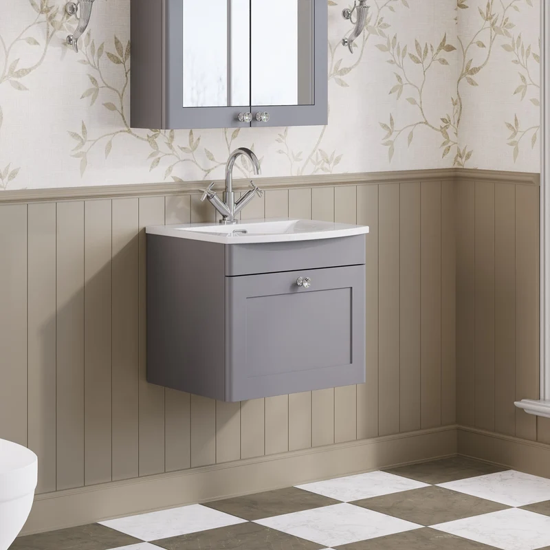 Classique 500mm Wall Hung Vanity Unit With 1 Drawer With Curved Ceramic Basin - Satin Grey
