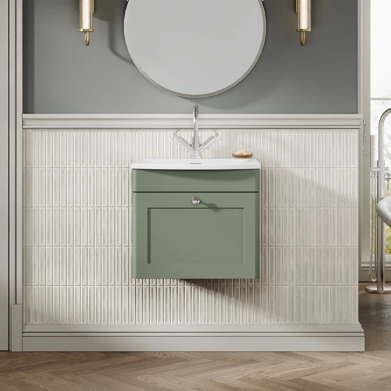 Classique 500mm Wall Hung Vanity Unit With 1 Drawer With Curved Ceramic Basin - Satin Green