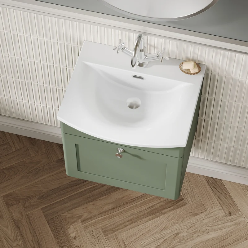 Classique 500mm Wall Hung Vanity Unit With 1 Drawer With Curved Ceramic Basin - Satin Green