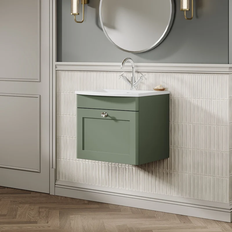 Classique 500mm Wall Hung Vanity Unit With 1 Drawer With Curved Ceramic Basin - Satin Green
