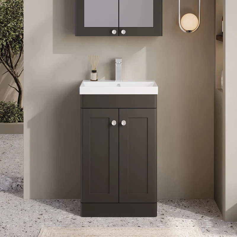 Classique 500mm Floor Standing Vanity Unit With 2 Doors With Thin Edge Ceramic Basin - Satin Soft Black