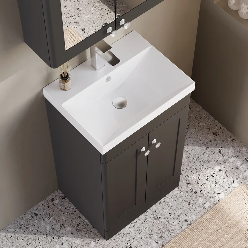 Classique 500mm Floor Standing Vanity Unit With 2 Doors With Thin Edge Ceramic Basin - Satin Soft Black