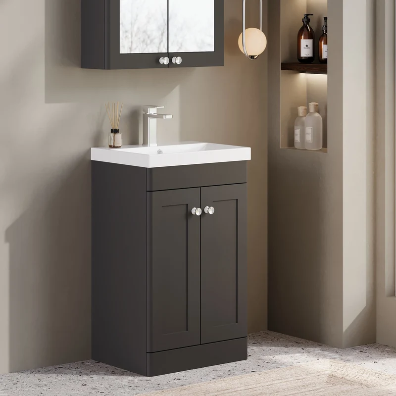 Classique 500mm Floor Standing Vanity Unit With 2 Doors With Thin Edge Ceramic Basin - Satin Soft Black