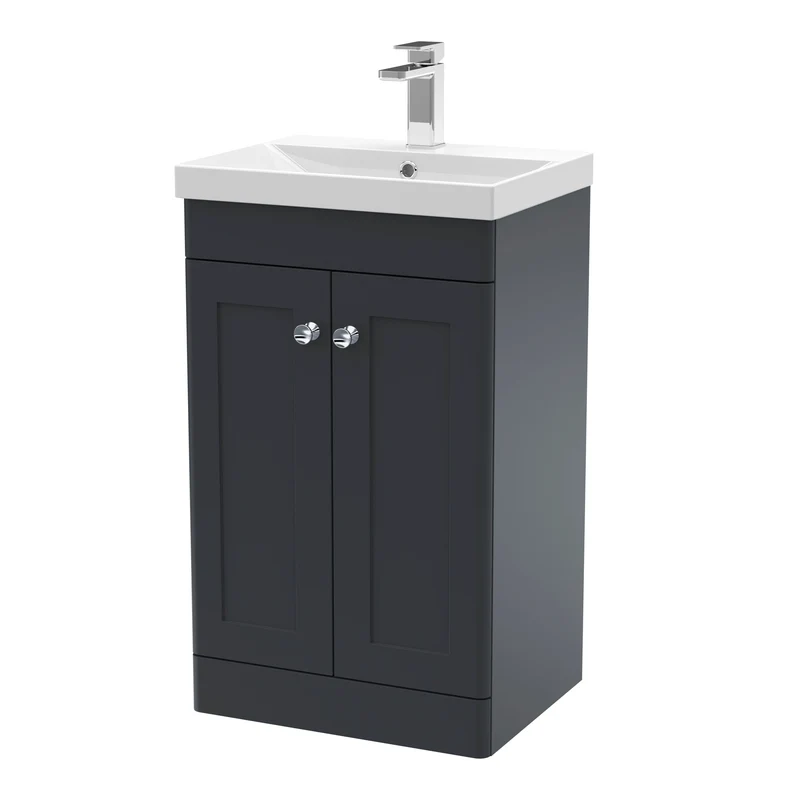 Classique 500mm Floor Standing Vanity Unit With 2 Doors With Thin Edge Ceramic Basin - Satin Soft Black