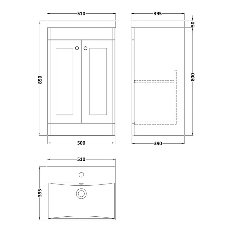 Classique 500mm Floor Standing Vanity Unit With 2 Doors With Thin Edge Ceramic Basin - Satin Soft Black