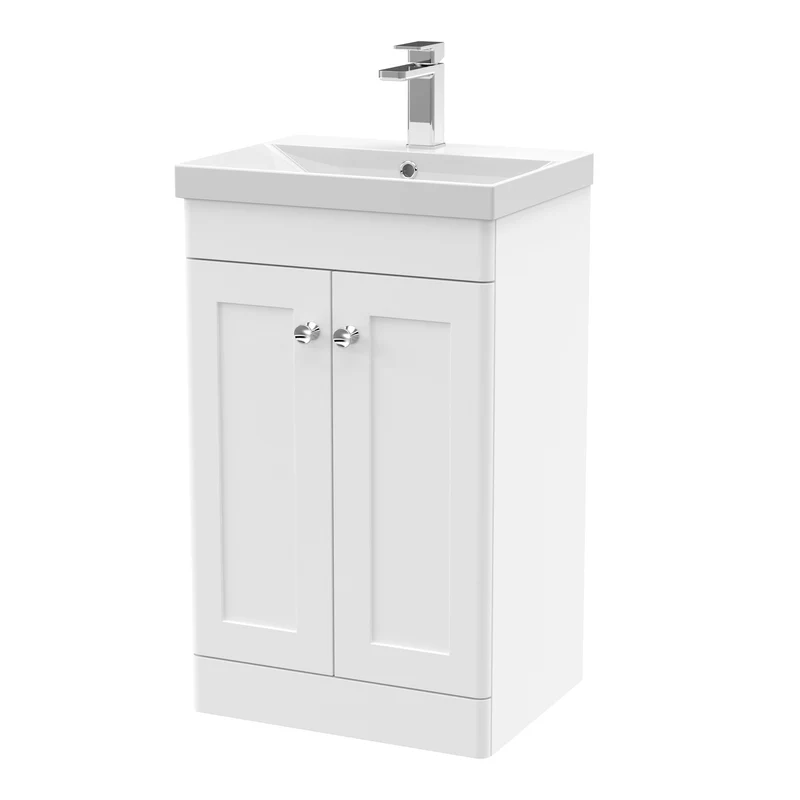Classique 500mm Floor Standing Vanity Unit With 2 Doors With Thin Edge Ceramic Basin - Satin White