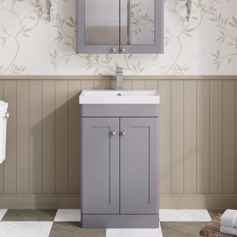 Classique 500mm Floor Standing Vanity Unit With 2 Doors With Thin Edge Ceramic Basin - Satin Grey