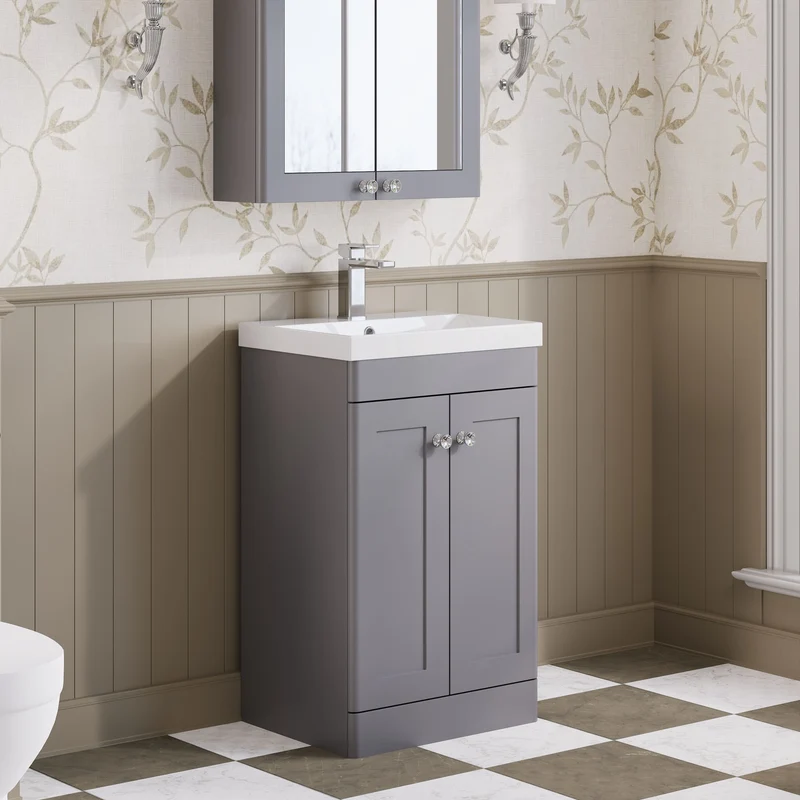 Classique 500mm Floor Standing Vanity Unit With 2 Doors With Thin Edge Ceramic Basin - Satin Grey