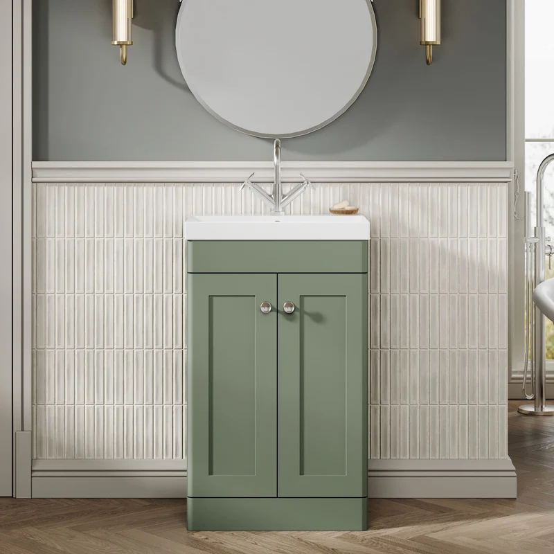 Classique 500mm Floor Standing Vanity Unit With 2 Doors With Thin Edge Ceramic Basin - Satin Green