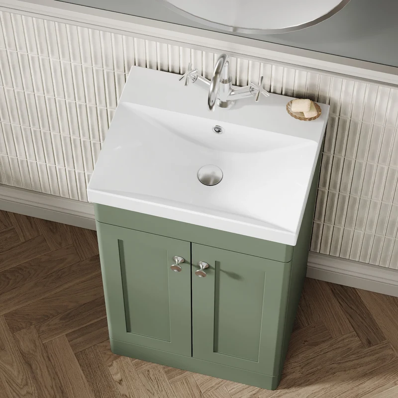 Classique 500mm Floor Standing Vanity Unit With 2 Doors With Thin Edge Ceramic Basin - Satin Green