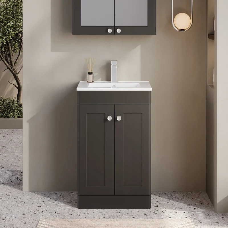 Classique 500mm Floor Standing Vanity Unit With 2 Doors With Minimalist Ceramic Basin - Satin Soft Black