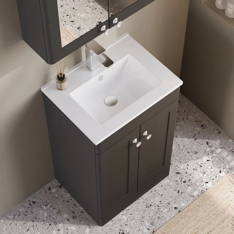 Classique 500mm Floor Standing Vanity Unit With 2 Doors With Minimalist Ceramic Basin - Satin Soft Black