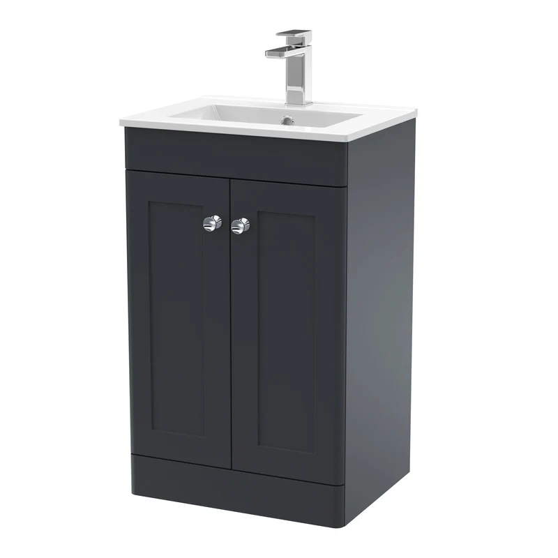Classique 500mm Floor Standing Vanity Unit With 2 Doors With Minimalist Ceramic Basin - Satin Soft Black
