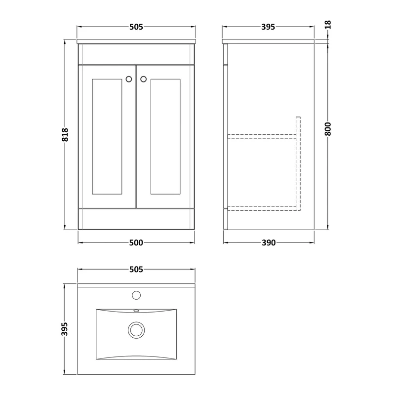 Classique 500mm Floor Standing Vanity Unit With 2 Doors With Minimalist Ceramic Basin - Satin Soft Black