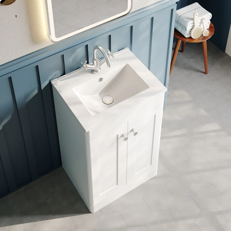 Classique 500mm Floor Standing Vanity Unit With 2 Doors With Minimalist Ceramic Basin - Satin White