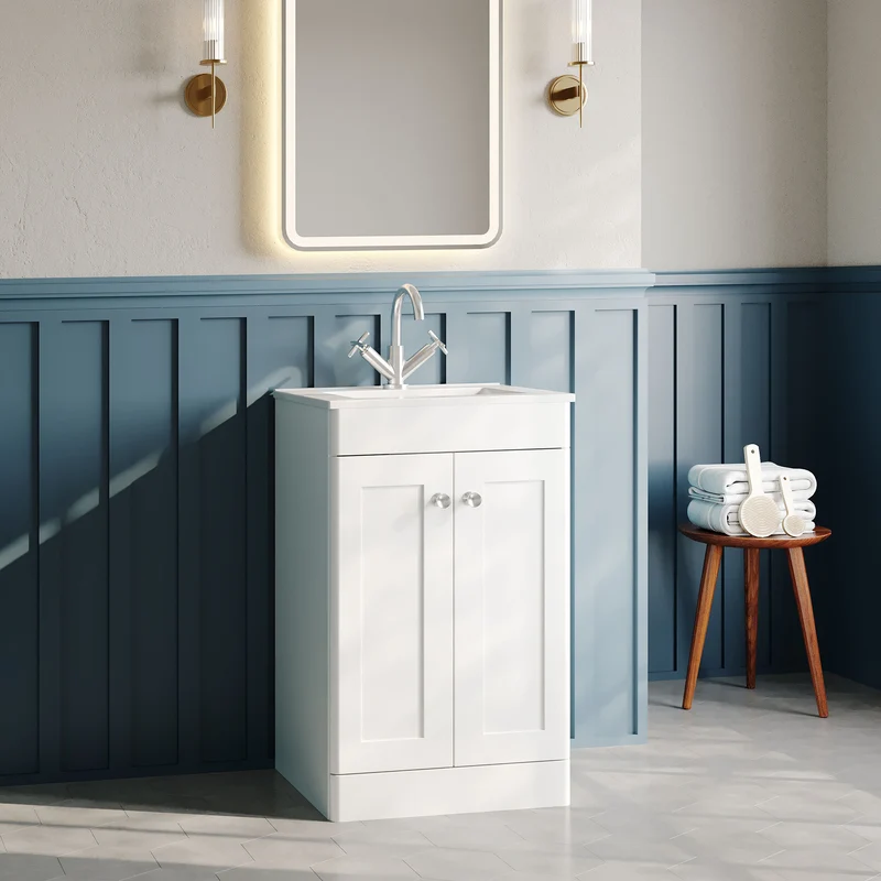 Classique 500mm Floor Standing Vanity Unit With 2 Doors With Minimalist Ceramic Basin - Satin White