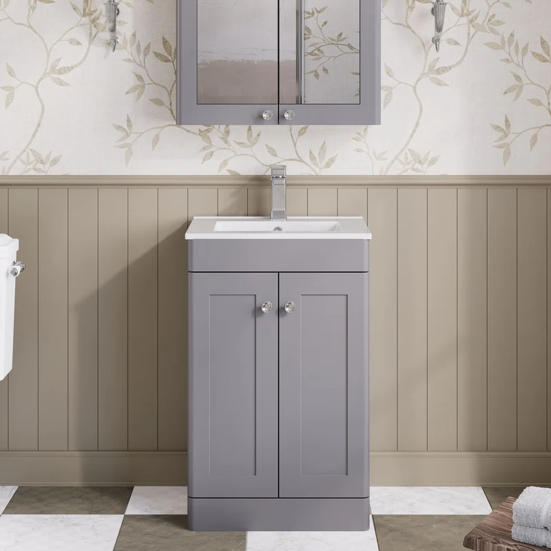 Classique 500mm Floor Standing Vanity Unit With 2 Doors With Minimalist Ceramic Basin - Satin Grey