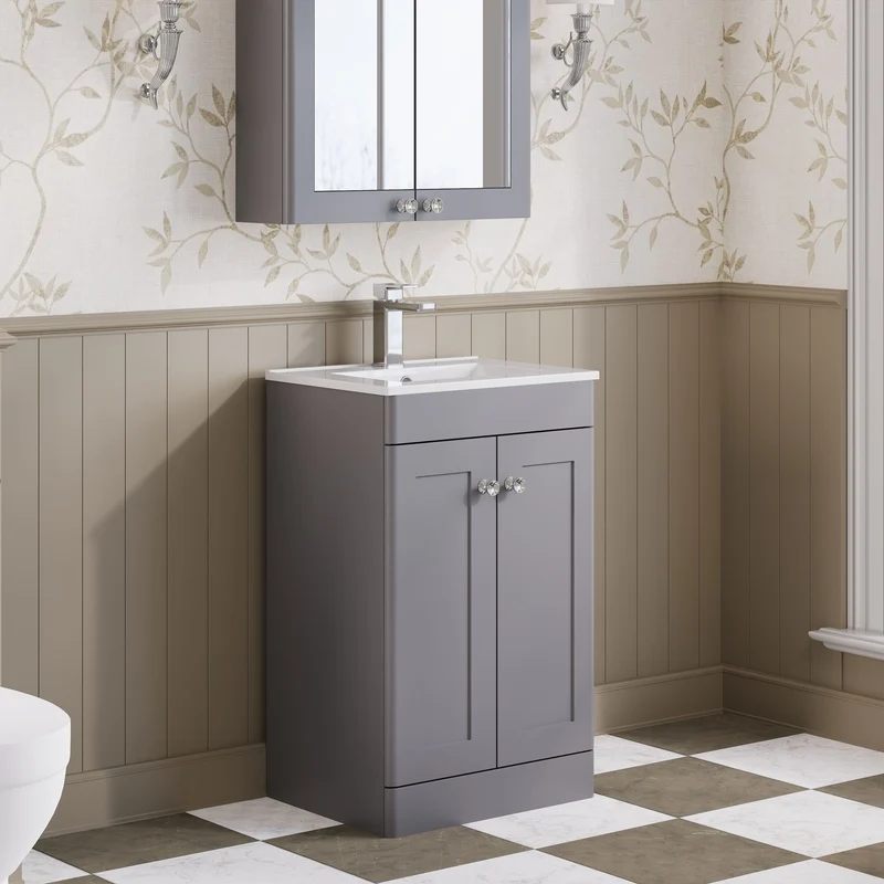 Classique 500mm Floor Standing Vanity Unit With 2 Doors With Minimalist Ceramic Basin - Satin Grey