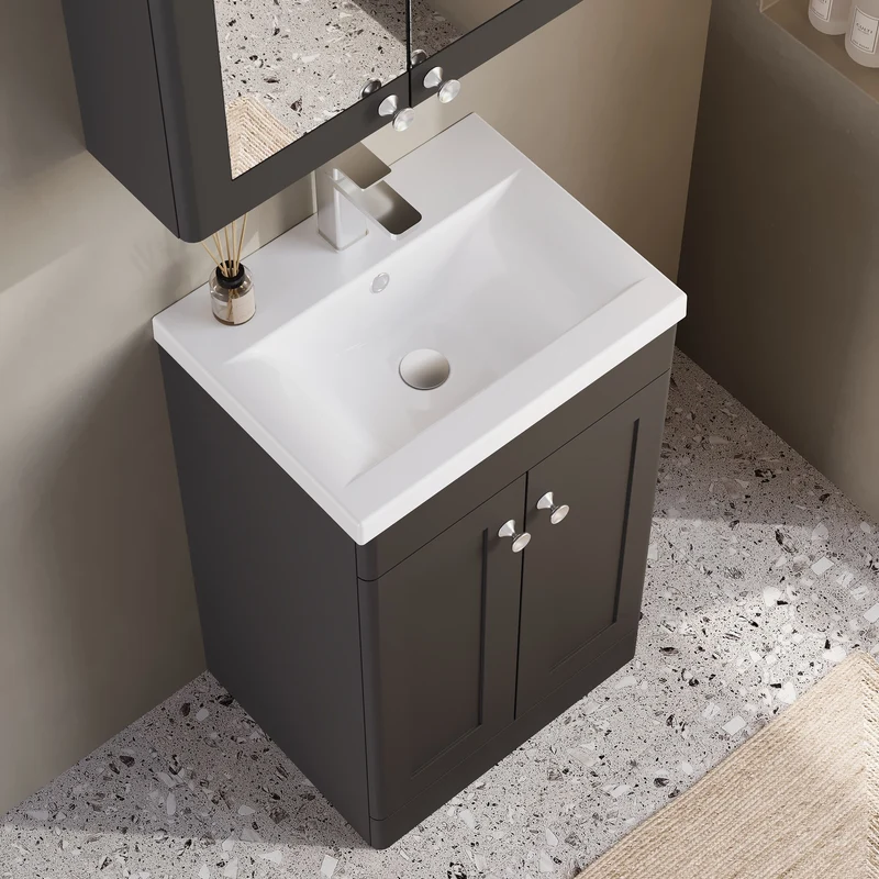 Classique 500mm Floor Standing Vanity Unit With 2 Doors With Mid Edge Ceramic Basin - Satin Soft Black