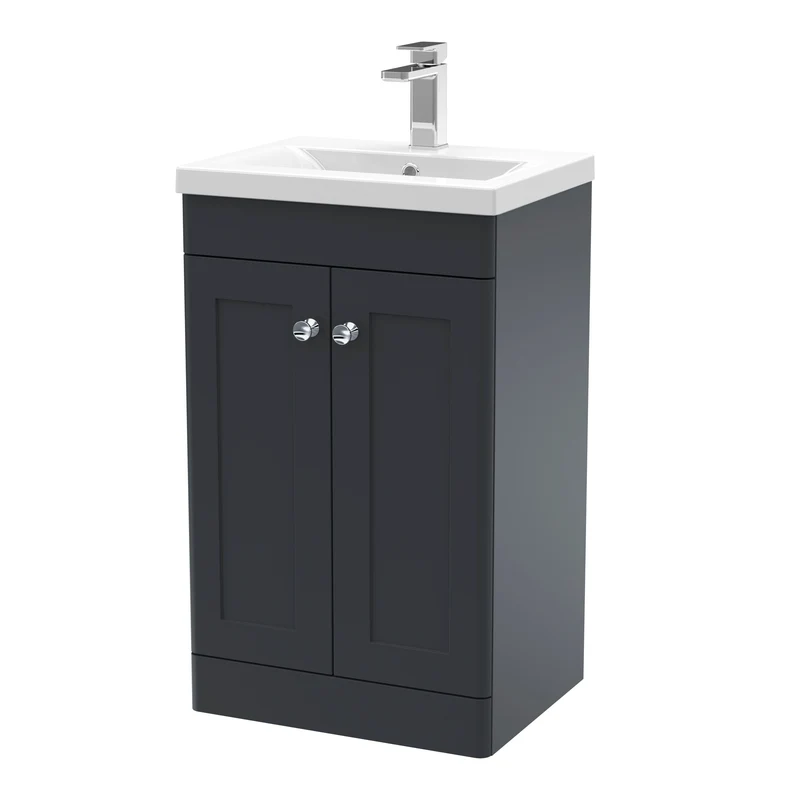 Classique 500mm Floor Standing Vanity Unit With 2 Doors With Mid Edge Ceramic Basin - Satin Soft Black