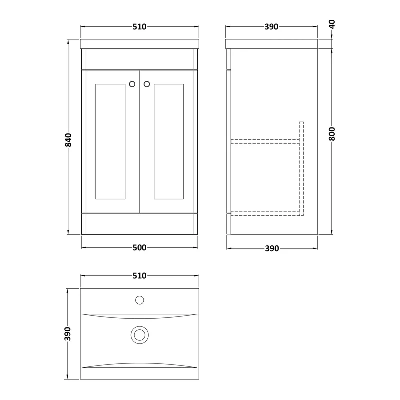 Classique 500mm Floor Standing Vanity Unit With 2 Doors With Mid Edge Ceramic Basin - Satin Soft Black