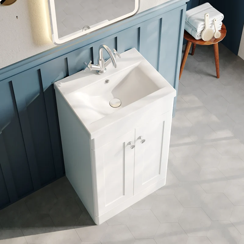 Classique 500mm Floor Standing Vanity Unit With 2 Doors With Mid Edge Ceramic Basin - Satin White