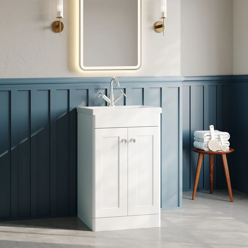 Classique 500mm Floor Standing Vanity Unit With 2 Doors With Mid Edge Ceramic Basin - Satin White