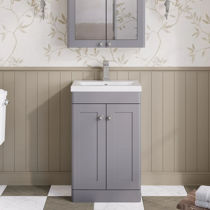 Classique 500mm Floor Standing Vanity Unit With 2 Doors With Mid Edge Ceramic Basin - Satin Grey
