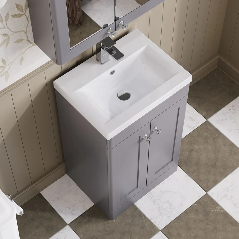 Classique 500mm Floor Standing Vanity Unit With 2 Doors With Mid Edge Ceramic Basin - Satin Grey