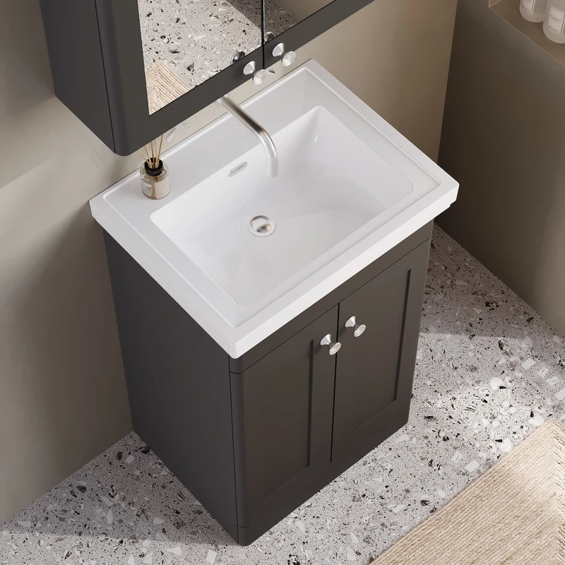 Classique 500mm Floor Standing Vanity Unit With 2 Doors With Fireclay Basin - Satin Soft Black